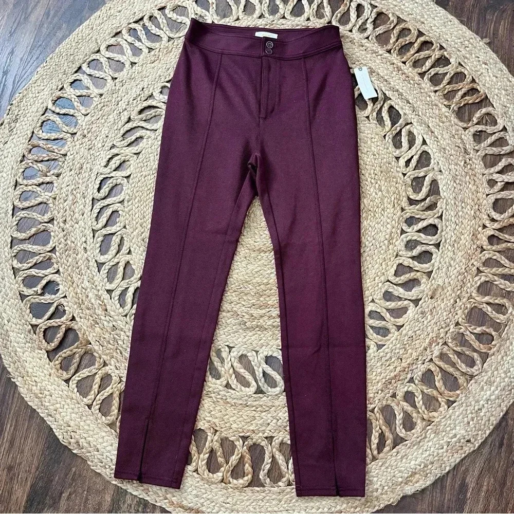 NWT Anthropologie Maeve Pants Womens 2 Burgundy Red Split Hem Pintuck Skinny Leg
